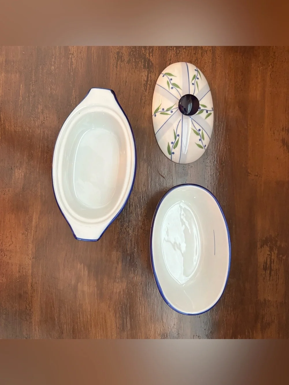 Vntg 3 Piece Cook Street Butter Boat Blueberry Floral Vine Water Cooled Butter